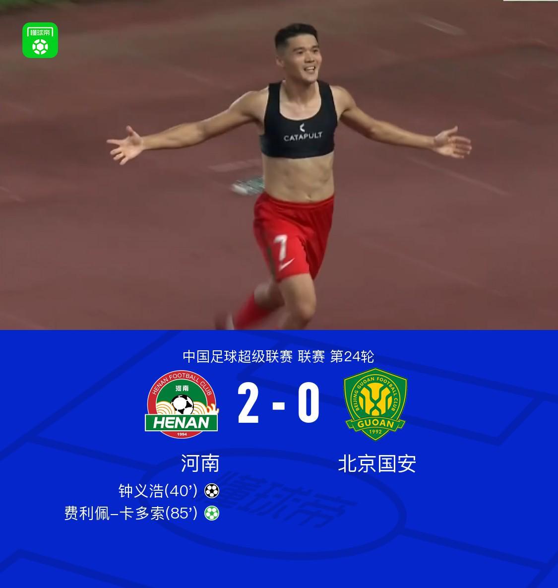 Sports-河南2-0国安,钟义浩百场破门,卡多索点射建功,张玉宁中柱